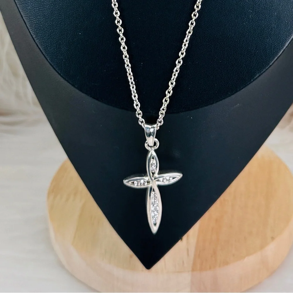 Beautiful silvertone, clear bling CZ others cross pendant costume necklace